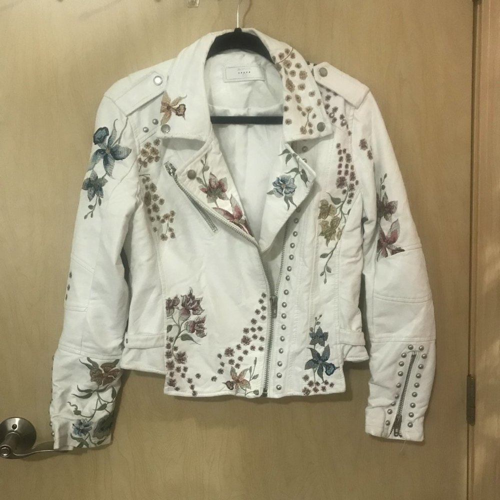 FAUX WHITE EMBROIDERED LEATHER JACKET